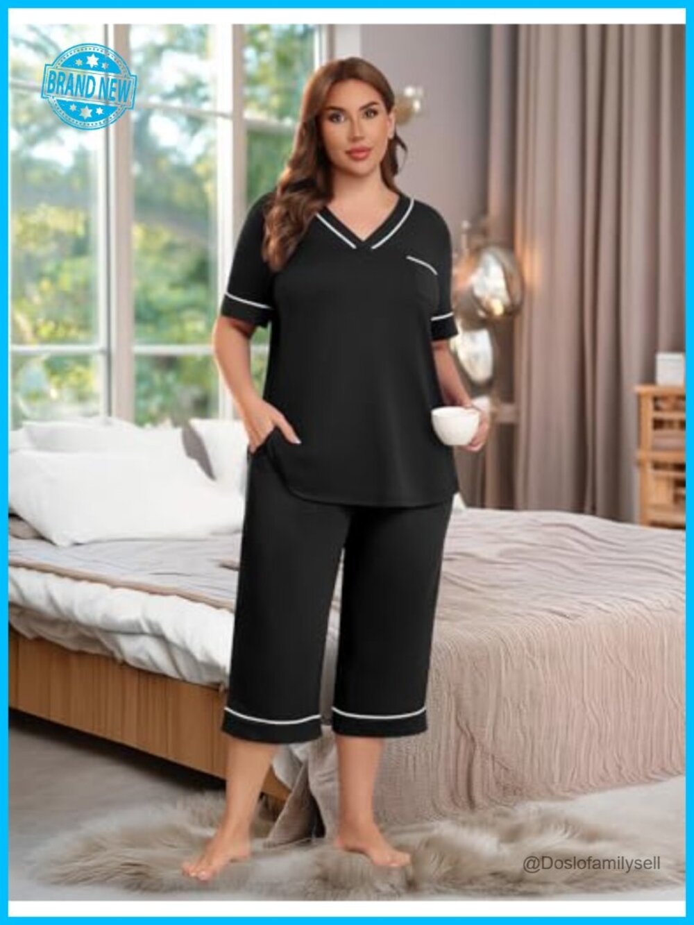 Plus Size Pajama Set 2 Piece V Neck Short Sleeve Capri Pants Lounge Set Knit - Picture 3 of 6